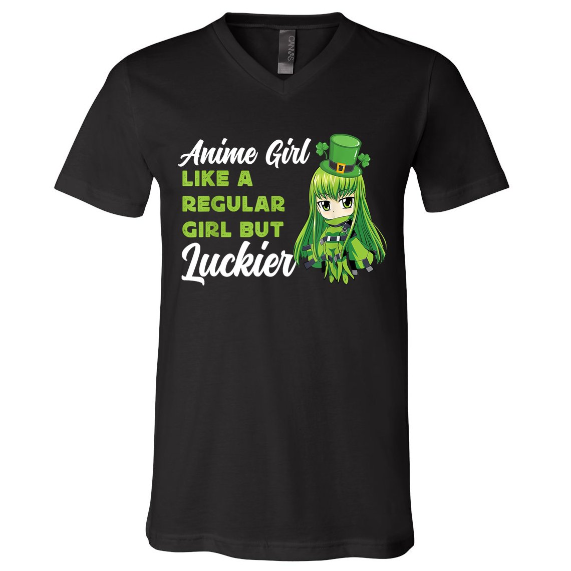 Anime Girl Like A Regular Girl But Luckier St Patrick's Day V-Neck T-Shirt