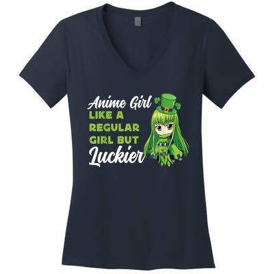 Anime Girl Like A Regular Girl But Luckier St Patrick's Day Women's V-Neck T-Shirt