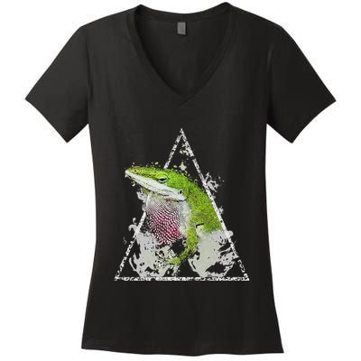 Anole Green Lizard Pet Anoles Reptile Smoke Women's V-Neck T-Shirt