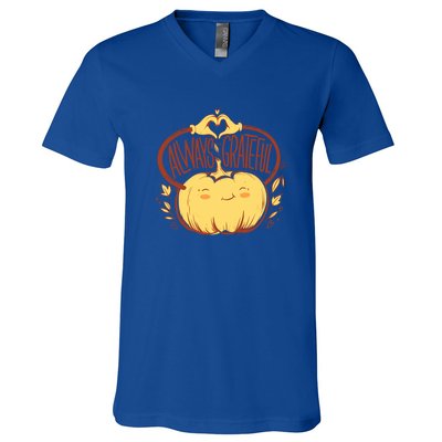 Always Grateful L Cute Happy Pumpkin Thanksgiving Quote Gift V-Neck T-Shirt