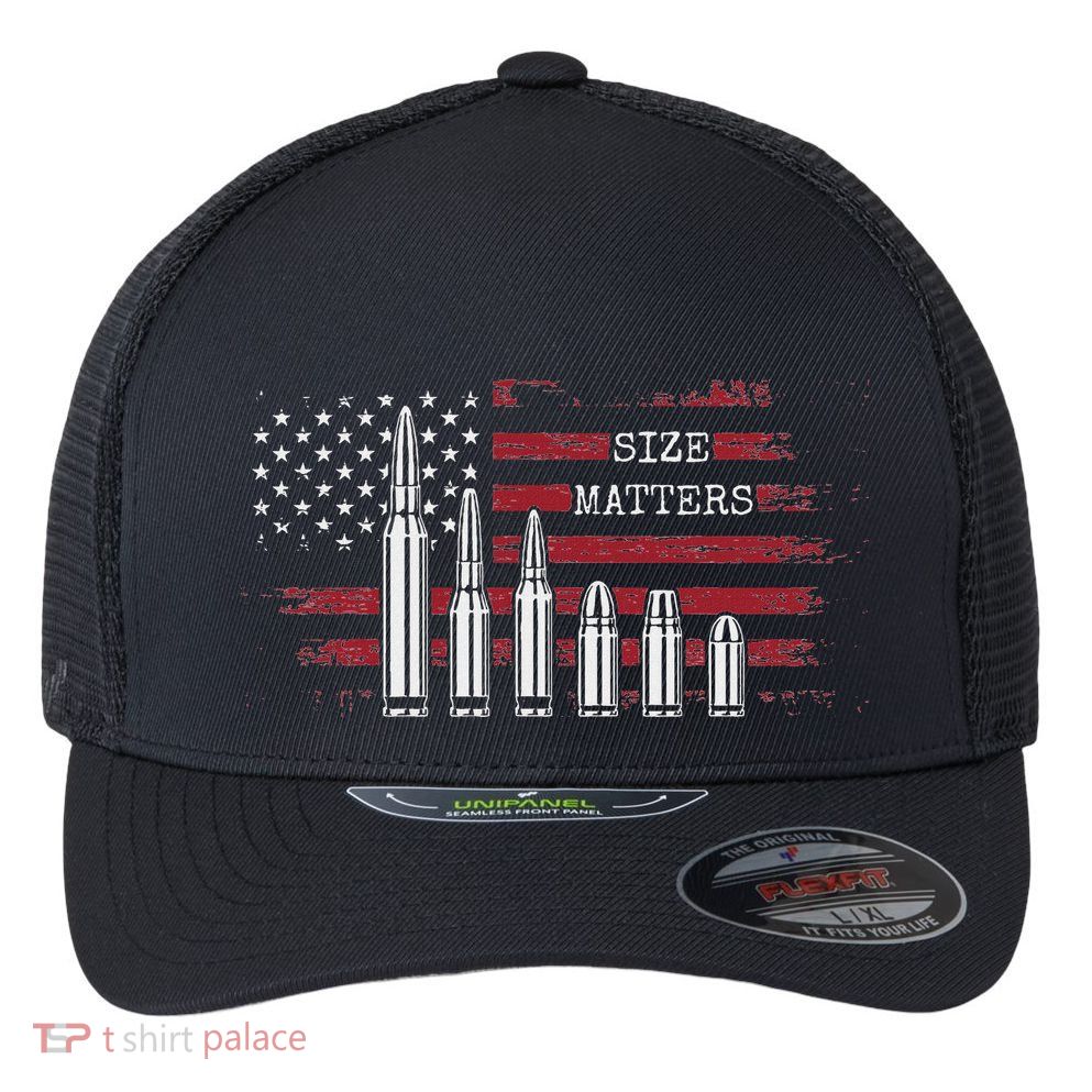 Ammo & Gun Lover  Size Matters Bullets & Caliber Flexfit Unipanel Trucker Cap