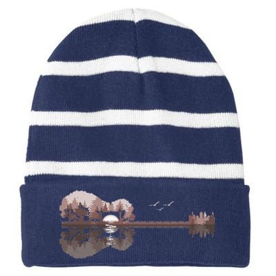 Acoustic Guitar Lake Sunset Guitarist Country Rock Music Striped Beanie with Solid Band