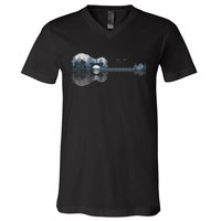 Acoustic Guitar Lake Sunset Guitarist Country Rock Music V-Neck T-Shirt