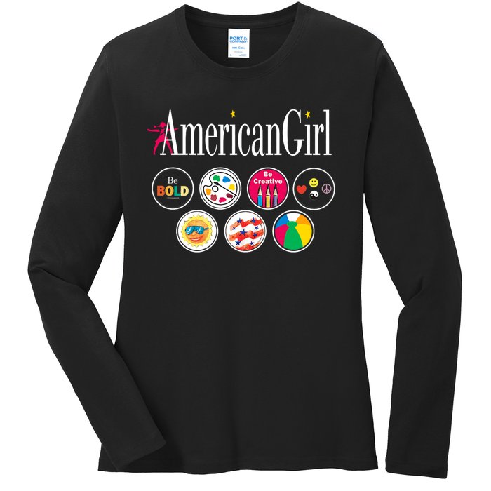 American Girl Logo & Grin Pins Ladies Long Sleeve Shirt