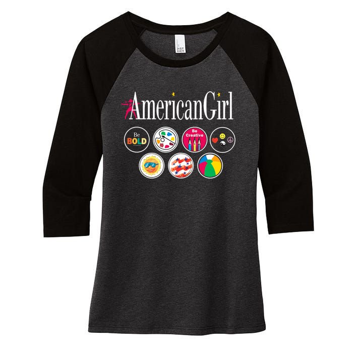 American Girl Logo & Grin Pins Women's Tri-Blend 3/4-Sleeve Raglan Shirt