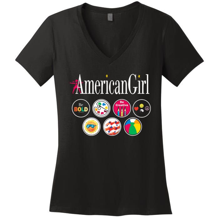 American Girl Logo & Grin Pins Women's V-Neck T-Shirt