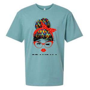 Autism Grandma Messy Bun Sunglasses Bandana Mother Day Gift Sueded Cloud Jersey T-Shirt