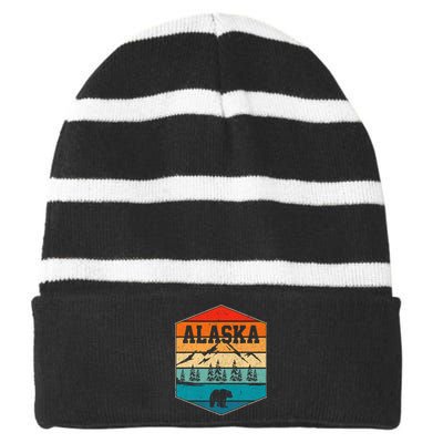 Alaskan Glacier Mountains Landscape Bear Animal Retro Alaska Striped Beanie with Solid Band