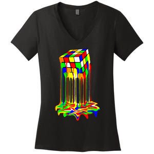 Awesome Graphic Melting Rubik Rubix Rubics Cube Women's V-Neck T-Shirt