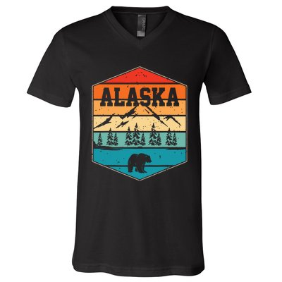 Alaskan Glacier Mountains Landscape Bear Animal Retro Alaska V-Neck T-Shirt