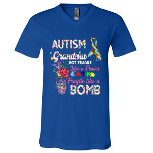 Autism Grandma Not Fragile Like A Flower Fragile Like A Bomb Gift V-Neck T-Shirt