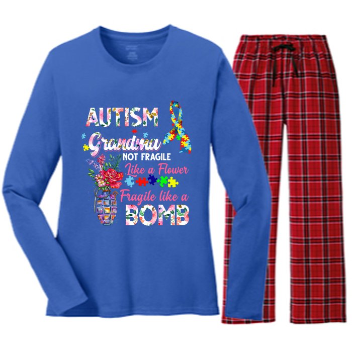 Autism Grandma Not Fragile Like A Flower Fragile Like A Bomb Gift Women's Long Sleeve Flannel Pajama Set 