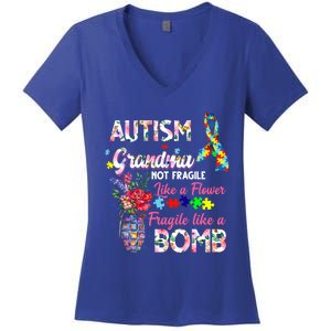 Autism Grandma Not Fragile Like A Flower Fragile Like A Bomb Gift Women's V-Neck T-Shirt