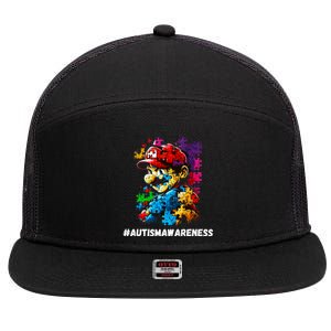 Autism Gamer Navigating Autism , Autism Mom Dad Gaming 7 Panel Mesh Trucker Snapback Hat