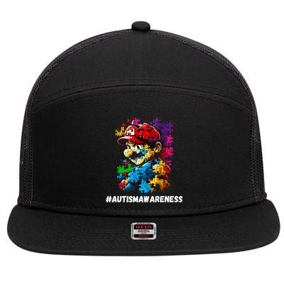 Autism Gamer Navigating Autism , Autism Mom Dad Gaming 7 Panel Mesh Trucker Snapback Hat