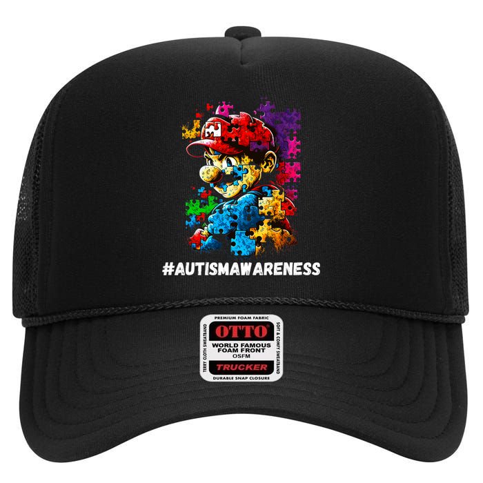 Autism Gamer Navigating Autism , Autism Mom Dad Gaming High Crown Mesh Back Trucker Hat