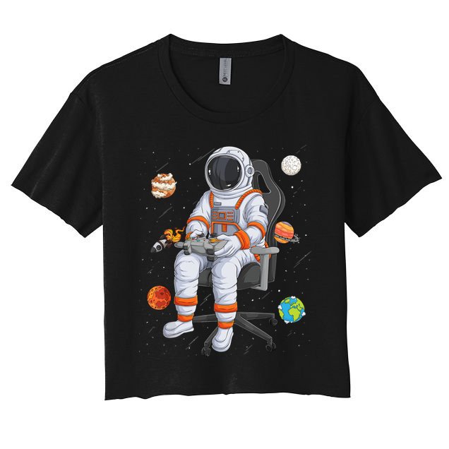 Astronaut Gamer Outer Space Gaming System Planets Women's Crop Top Tee