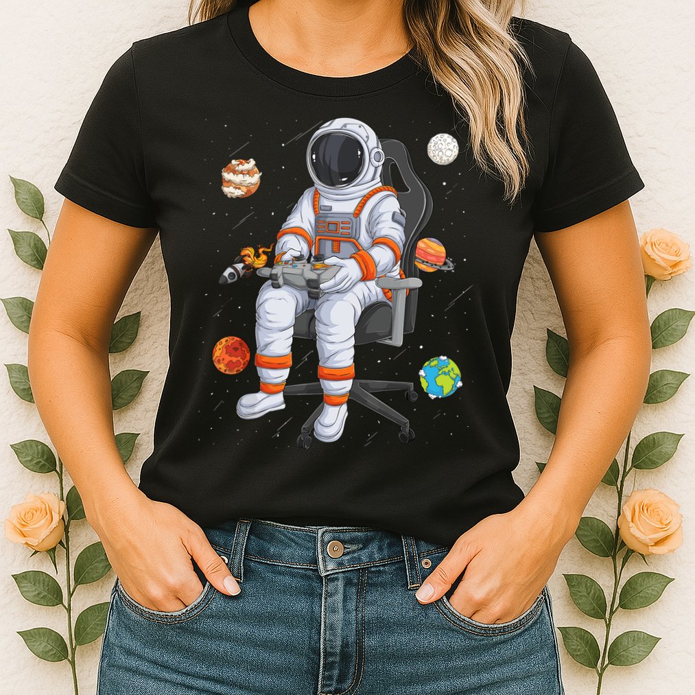 Astronaut Gamer Outer Space Gaming System Planets Womens T-Shirt