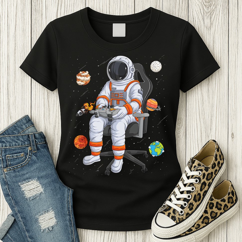 Astronaut Gamer Outer Space Gaming System Planets Womens T-Shirt