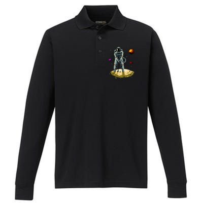 Astronaut Golfing On The Moon Funny Golf Lovers Performance Long Sleeve Polo