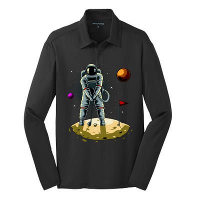 Astronaut Golfing On The Moon Funny Golf Lovers Silk Touch Performance Long Sleeve Polo