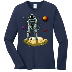 Astronaut Golfing On The Moon Funny Golf Lovers Ladies Long Sleeve Shirt