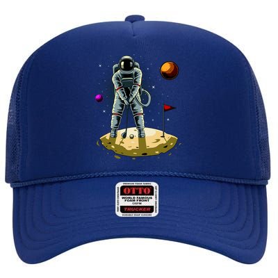 Astronaut Golfing On The Moon Funny Golf Lovers High Crown Mesh Back Trucker Hat