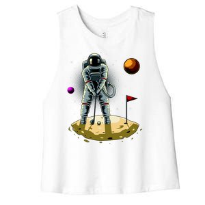 Astronaut Golfing On The Moon Funny Golf Lovers Women's Racerback Cropped Tank