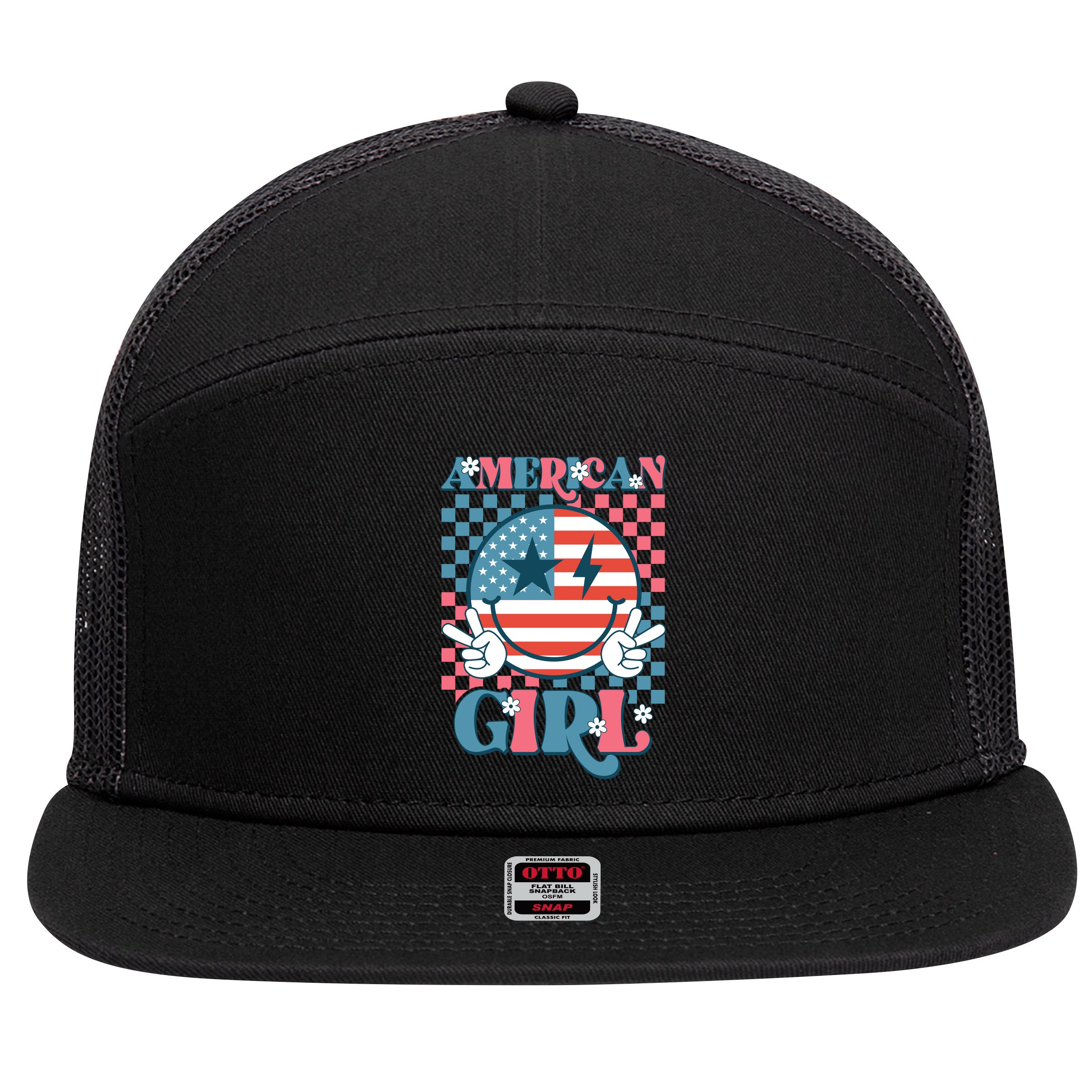 American Girl Retro Groovy 4th Of July Smile Peace 7 Panel Mesh Trucker Snapback Hat