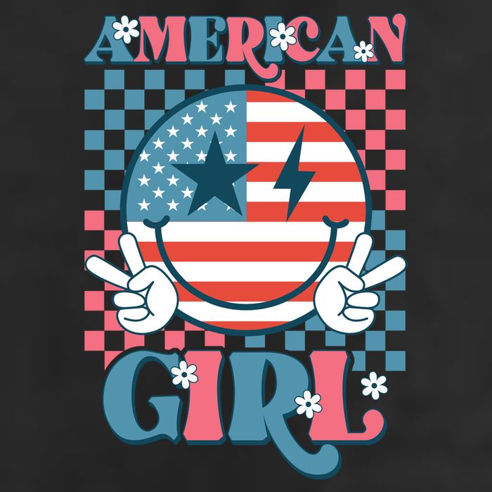 American Girl Retro Groovy 4th Of July Smile Peace 7 Panel Mesh Trucker Snapback Hat