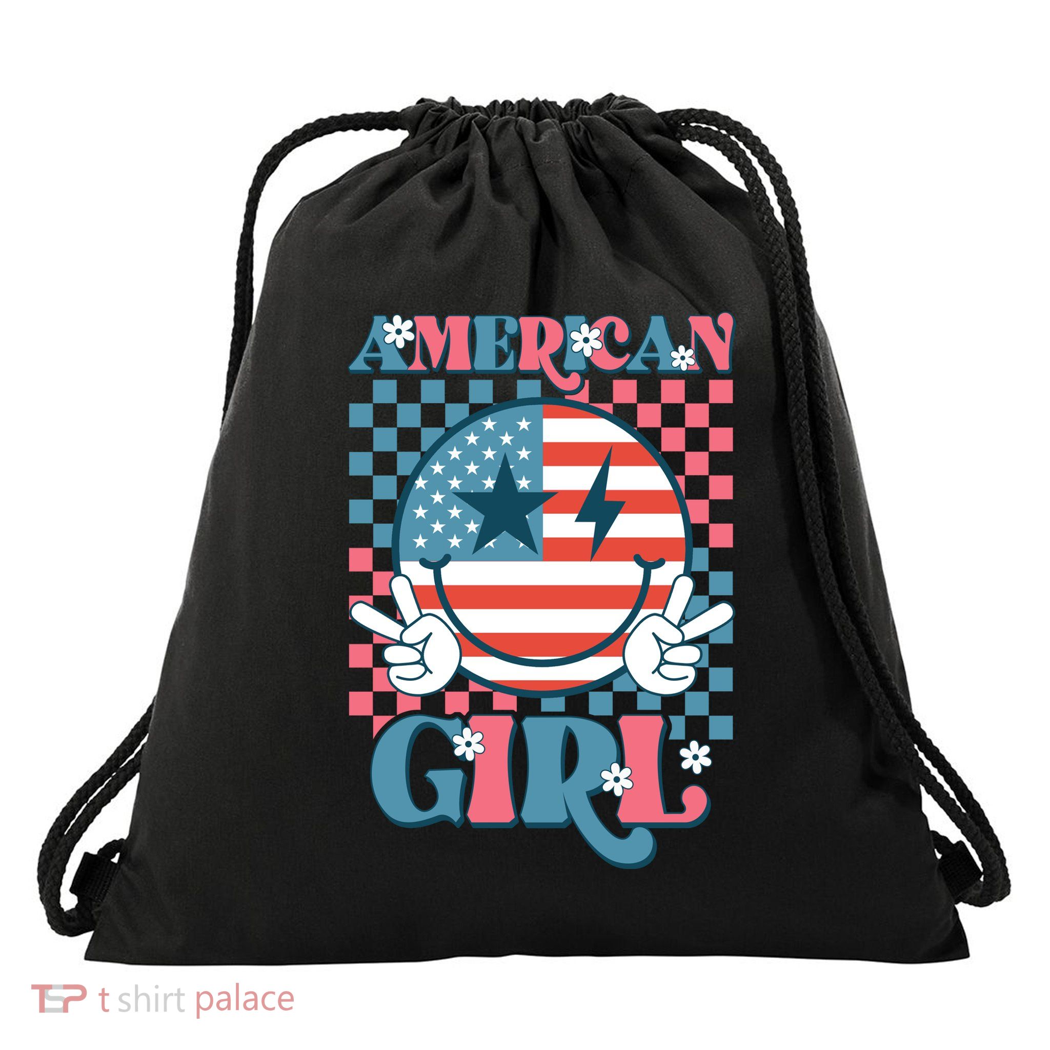 American Girl Retro Groovy 4th Of July Smile Peace Drawstring Bag