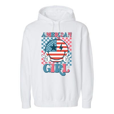 American Girl Retro Groovy 4th Of July Smile Peace Garment-Dyed Fleece Hoodie