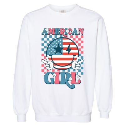 American Girl Retro Groovy 4th Of July Smile Peace Garment-Dyed Sweatshirt