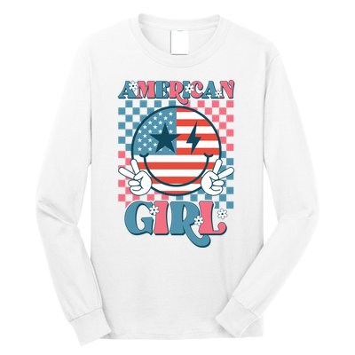 American Girl Retro Groovy 4th Of July Smile Peace Long Sleeve Shirt