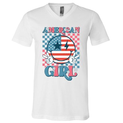 American Girl Retro Groovy 4th Of July Smile Peace V-Neck T-Shirt