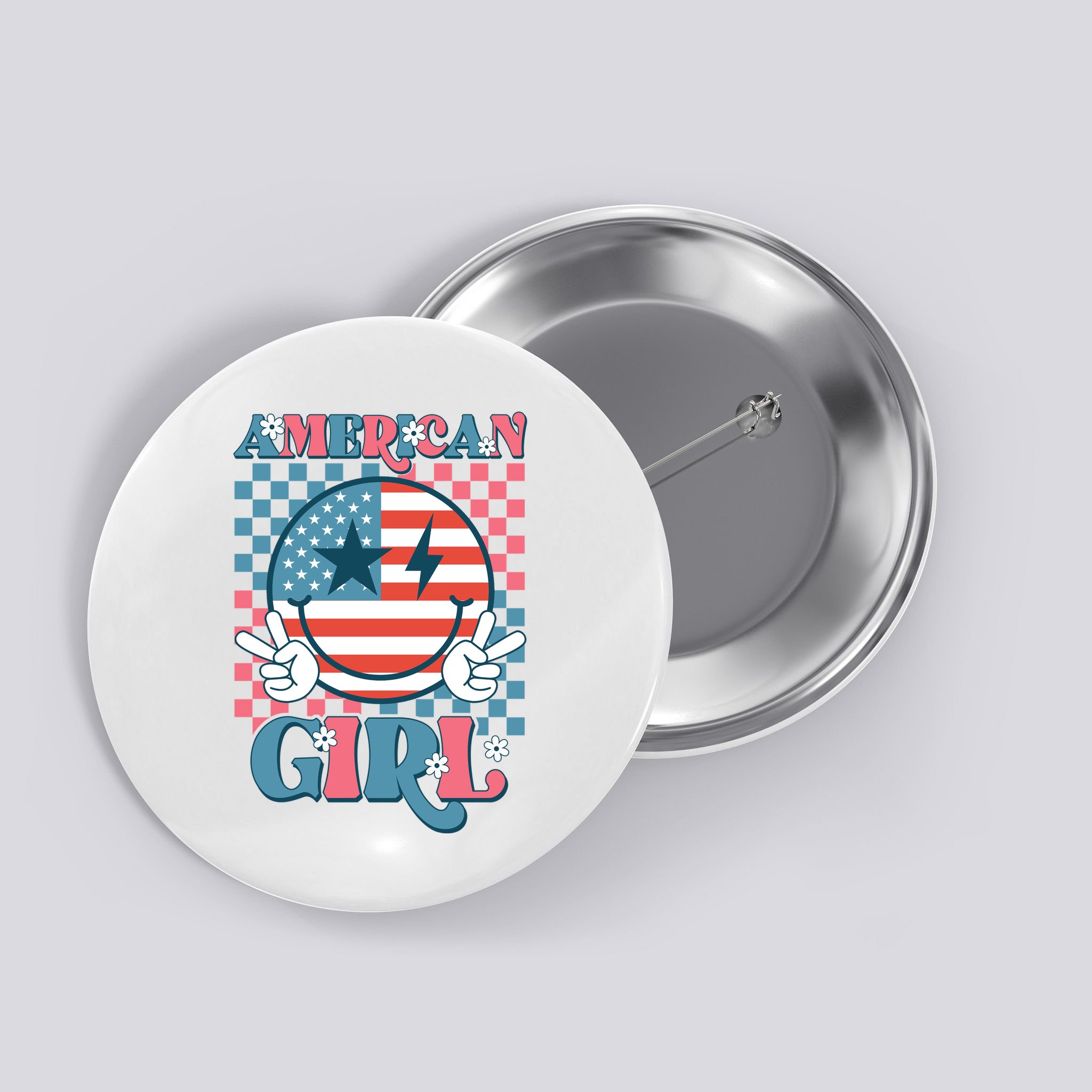 American Girl Retro Groovy 4th Of July Smile Peace Button
