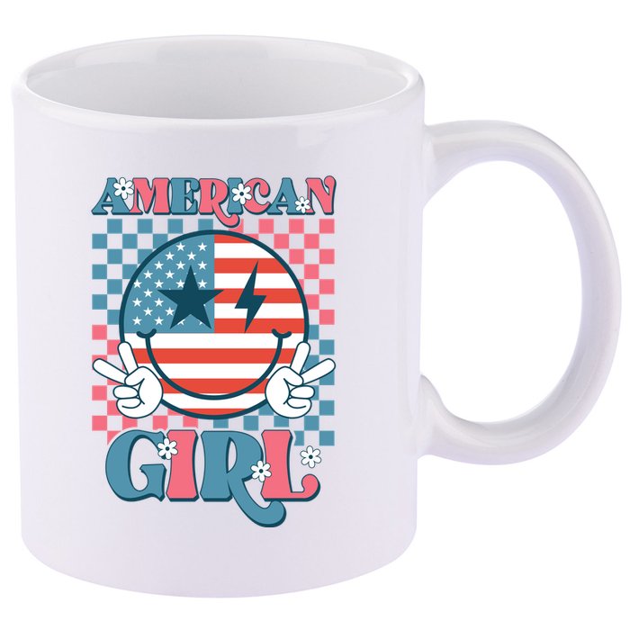 American Girl Retro Groovy 4th Of July Smile Peace 11oz C Handle Ceramic Mug