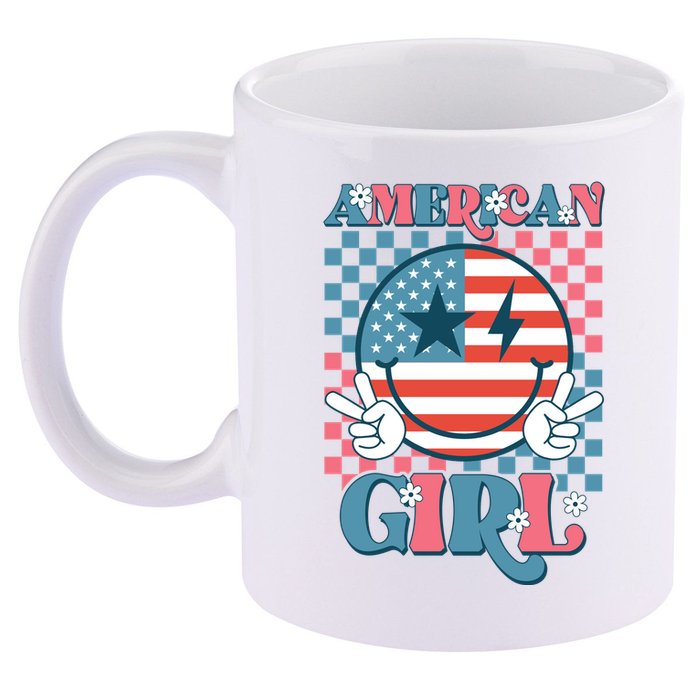 American Girl Retro Groovy 4th Of July Smile Peace 11oz C Handle Ceramic Mug