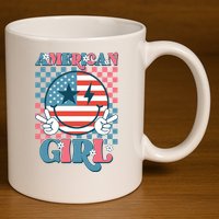 American Girl Retro Groovy 4th Of July Smile Peace 11oz C Handle Ceramic Mug