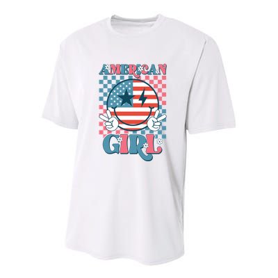 American Girl Retro Groovy 4th Of July Smile Peace Youth Performance Sprint T-Shirt