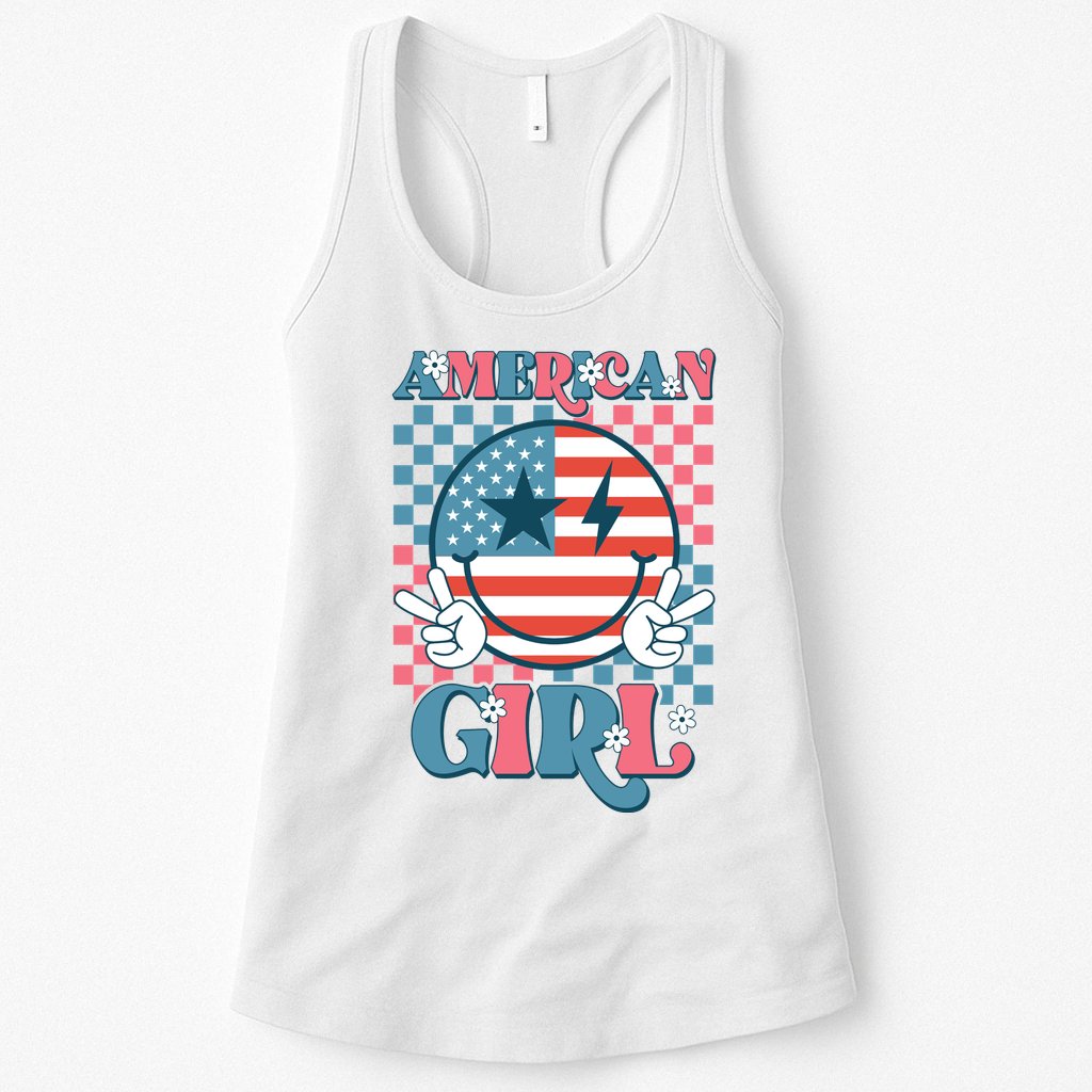American Girl Retro Groovy 4th Of July Smile Peace Womens Tank Top