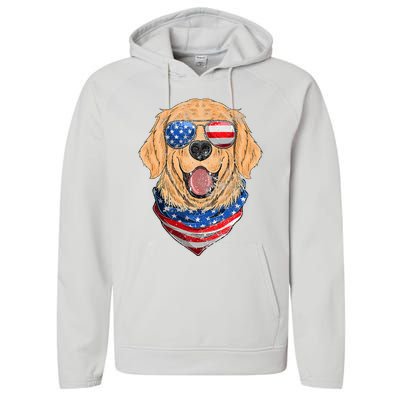 American Golden Retriever USA Flag 4th Of July Dad Mom Kids Performance Fleece Hoodie