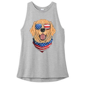 American Golden Retriever USA Flag 4th Of July Dad Mom Kids Ladies PosiCharge Tri-Blend Wicking Tank