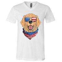 American Golden Retriever USA Flag 4th Of July Dad Mom Kids V-Neck T-Shirt