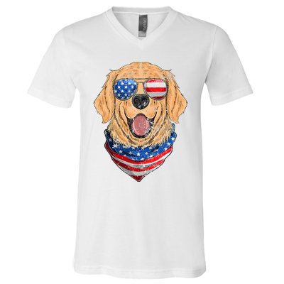 American Golden Retriever USA Flag 4th Of July Dad Mom Kids V-Neck T-Shirt