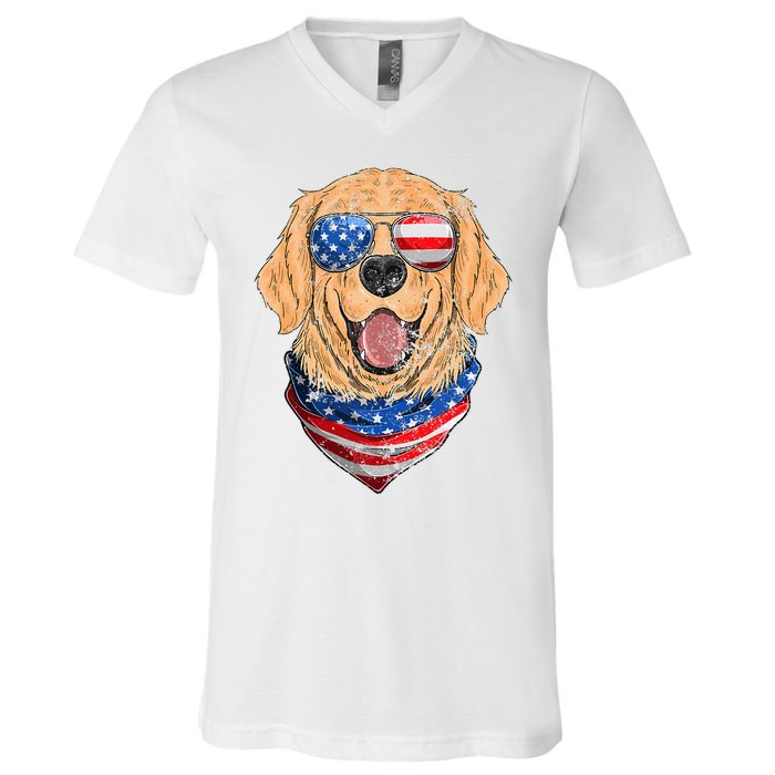 American Golden Retriever USA Flag 4th Of July Dad Mom Kids V-Neck T-Shirt