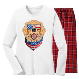 American Golden Retriever USA Flag 4th Of July Dad Mom Kids Women's Long Sleeve Flannel Pajama Set 