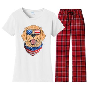 American Golden Retriever USA Flag 4th Of July Dad Mom Kids Women's Flannel Pajama Set