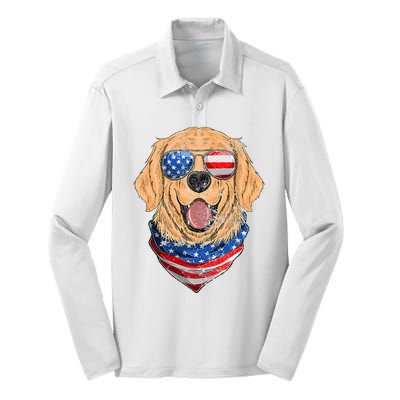 American Golden Retriever USA Flag 4th Of July Dad Mom Kids Silk Touch Performance Long Sleeve Polo