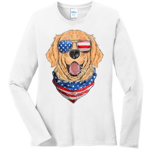 American Golden Retriever USA Flag 4th Of July Dad Mom Kids Ladies Long Sleeve Shirt